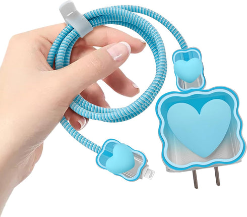 Cute Waves DIY Cable Protector for iPhone Charger, Kawaii 3D Love Heart Design, Data Cable Saver, Blue