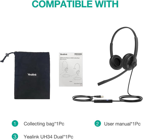 Yealink UH34 USB Wired Headset with Mic, Stereo Headphones with Noise Cancelling Microphone for Professional Business
