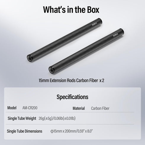 SIRUI 15mm Carbon Fiber Rod, Universal 8"/20cm Camera Rail Rods for 15mm Rod Rail Support System, Pack of 2