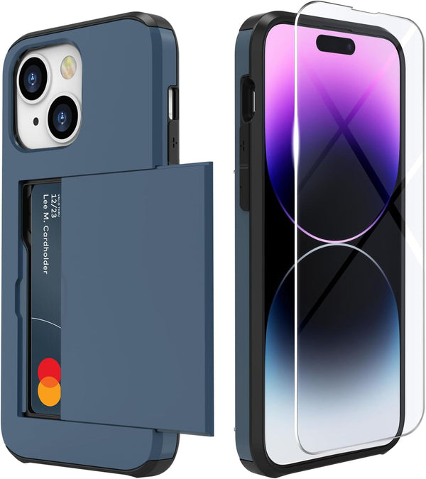ZUSLAB Card Holder Slot Case for Apple iPhone 15 6.1 Inches 2023, Phone Wallet Case with 1 Tempered Glass Screen