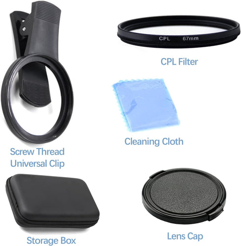 Orizizhic 67MM 16 15 14 13 CPL Filter for All Smartphones, Clip On Phone Filter Kit with Lens Cover and Protect Box