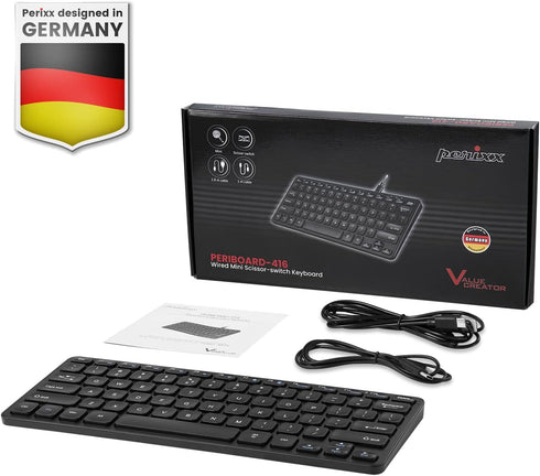Perixx PERIBOARD-416 Wired Mini USB Keyboard with 4 Hubs, X Type Scissor Keys, Detachable USB-C and A Cable
