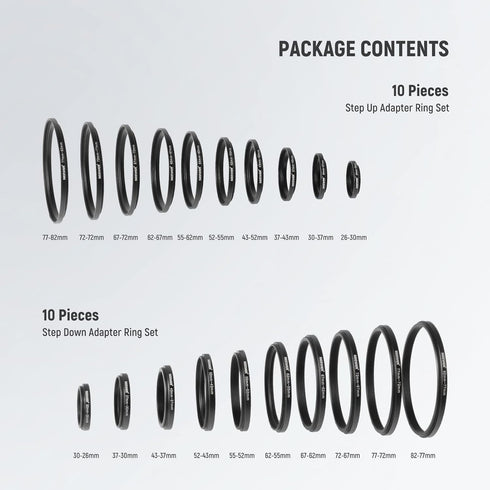 Neewer 20 Pieces Anodized Black Metal Lens Filter Adapter Ring Kit - Includes 10 Step Up & 10 Step Down Adapter Rings