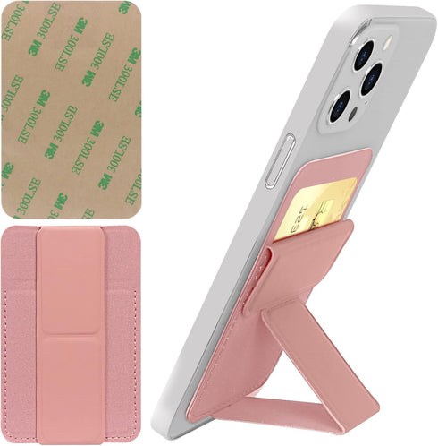 WWW Card Holder with Stand for Phone, PU Leather Credit Card Holder with 3M Adhesive Sticker for Smart Phones, Pink