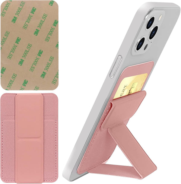 WWW Card Holder with Stand for Phone, PU Leather Credit Card Holder with 3M Adhesive Sticker for Smart Phones, Pink