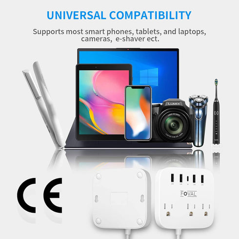 European Travel Plug Adapter, FOVAL EU UK US Power Strip with USB C, 4 USB Ports, 3 AC Outlets
