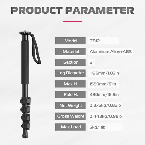 ULANZI TB12 61-Inch Aluminum Monopod, Lightweight 5-Section Height Photography Accessory for Canon, Nikon, Sony DSLR