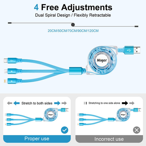 2Pack Multi Charging Cable, 4Ft Retractable 3 in 1 USB Charger for iPhone, Samsung, PS, Tablet & More. Fast Charging!
