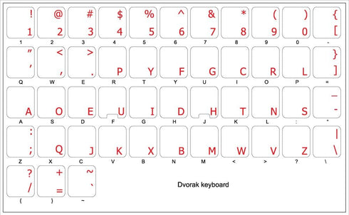 4Keyboard Dvorak Simplified Keyboard Stickers with RED Lettering ON Transparent Background