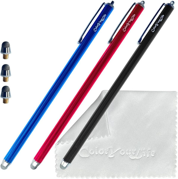 3-Pack Fine Micro-Knit Mesh Tip Capacitive Stylus Pens 7.3’’ for Touch Screens, Extra Long, Cleaning Cloth (Black,
