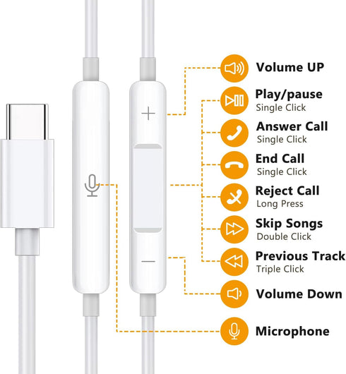 Type C Earphones Wired USB C in Ear Headphones for iPhone 15, Compatible with Most Type C Jack Devices