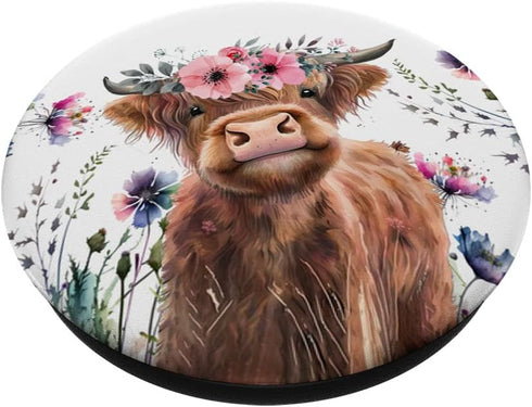 Cute Baby Highland Cow Floral Watercolor PopSockets Standard PopGrip