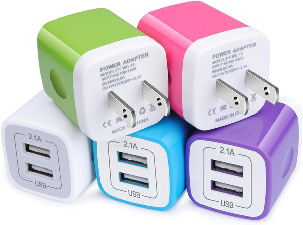 USB Charger Plug, Wall Charger, 5-Pack 2.1A/5V Portable Power Cube Adapter - Compatible for iPhone, Samsung Galaxy