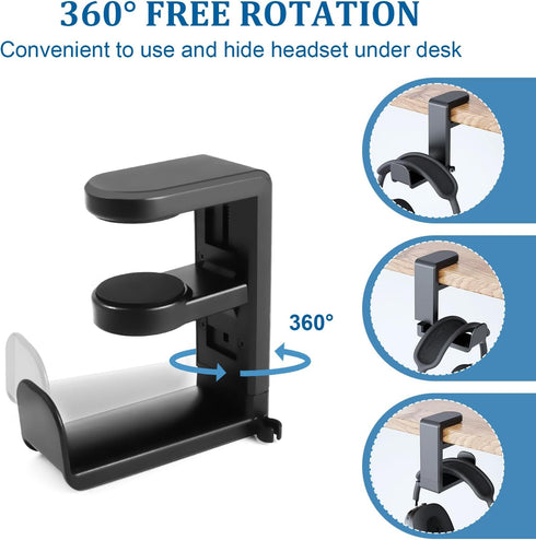 Headphone Holder Under Desk, Gaming Headset Headphone Hook Hanger Hook, Headphone Stand with 360-Degree Adjustable Rotating Arm Clamp- Built in Cable Clip Organizer-Black