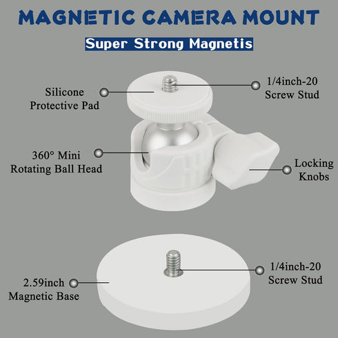 ULIBERMAGNET 360 1/4 inch White Magnetic Camera Mount, Strong Magnetic Mount with Rotation Ball Head, Security Camera