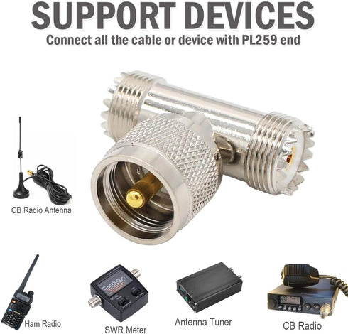PL259 T Connector Adapter UHF Male to Female, 1 Male to 2 Female SO239 Tee Coaxial Cable Splitter for Ham Radio CB