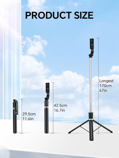 TINKSEN 68 inch 360 Retractable Selfie Stick Tripod for iPhone/Android, with Wireless Remote, Rotation, Black