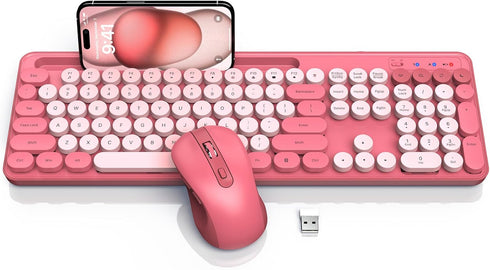 Wireless Keyboard and Mouse Combo, Retro Round Keycaps, Cute Full-Size Typewriter Keyboard with Phone Holder, 2.4GHz