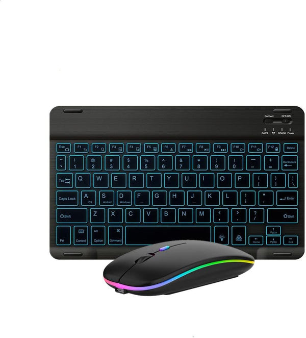 Ultra-Slim Bluetooth Keyboard and Mouse - Portable Mini Wireless Keyboard Rechargeable 7-Color Backlit for iPad iPhone