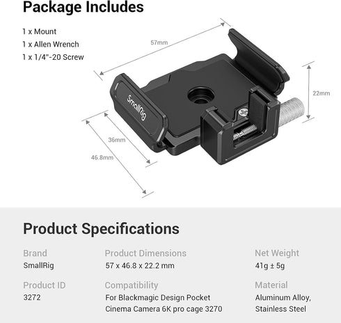 SMALLRIG SSD Mount Bracket, Holder for Samsung T5/T7, SanDisk SSD, Compatible Cage for BMPCC 6K Pro - 3272