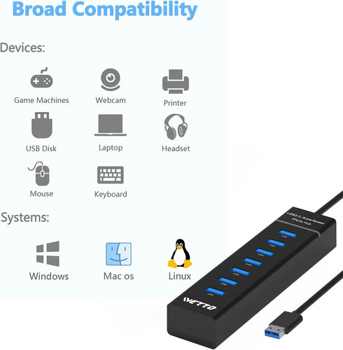 IVETTO 7-Port 3.0 3.3ft USB Hub, Data USB Hub Splitter with Long Cable for Laptop, PC, MacBook, Mac Pro, Mac mini