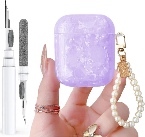 Olytop Cute Glitter Airpods 2nd/1st Generation Case with Cleaner Pen, Shell Pattern Cover with Pearl Keychain