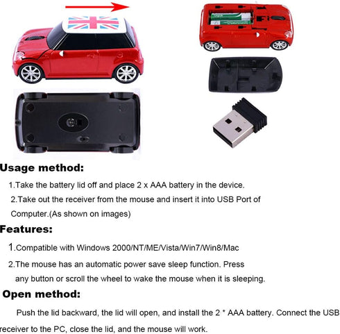 Super Cute Wireless Car Mouse, USB Optical Gaming Mice with Mini Receiver for Notebook and PC