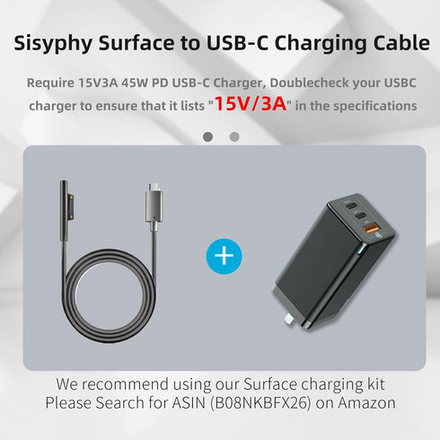 Nylon Braided Charging Cable for Microsoft Surface Pro 7/6/5/4/3/Go3/2/1 & Laptop 4/3/2/1, 6ft, 45W 15V 3A USB-C (Black)