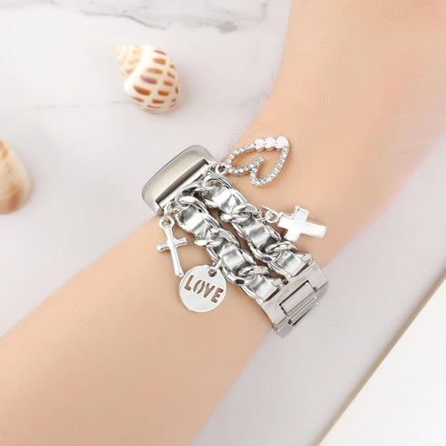 Stylish Metal Wristband for Fitbit Charge 6/5, Cute Strap with Love Cross Pendants, Chain Charms Bracelet