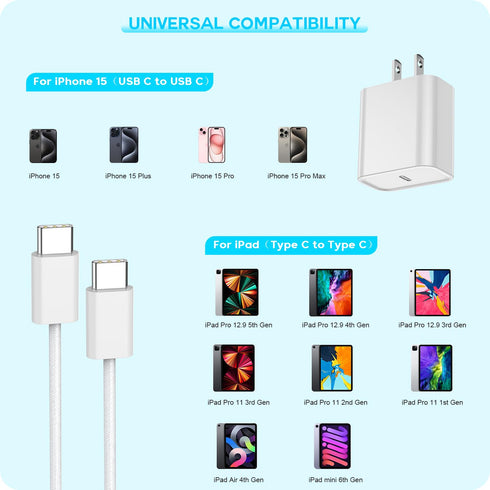 Fast Charger for iPhone 15, 3Pack USB C iPad Charger PD Fast Charger Block 6FT Long USB C to Type C iPhone 15 Charging Cable Cord for iPhone 15/15 Pro/15 Pro Max,iPad Pro 12.9/11inch, iPad Air 5th/4th