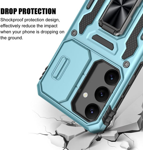 for Samsung Galaxy S24 Case, Shockproof Phone Case with Sliding Camera Cover & Rotatable Ring Holder Kickstand +