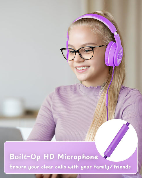 K16 Wired Headphones with Microphone, On-Ear Headphones for Kids with 3.5MM Jack, Foldable Stereo Bass Headphones for