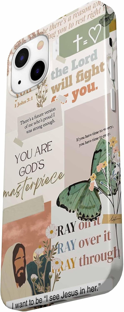 Jesus Flowers iPhone 13 Case, Christian Bible Verse Butterfly Collage, Smooth Tough PC Full Cover for Men Women