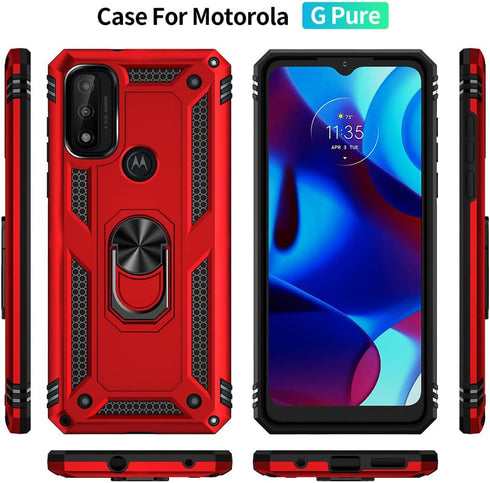 Androgate Moto G Pure Case with HD Screen Protector, Military-Grade Ring Holder Car Mount, 16ft Drop Tested Cover (Red)