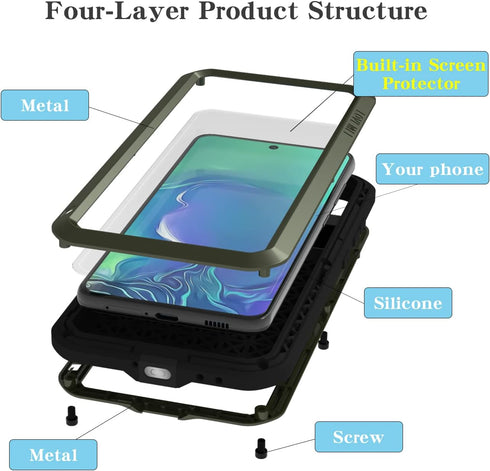 LOVE MEI Military Rugged Case for Samsung Galaxy S21 FE 5G, Shockproof Dustproof Hybrid Metal Silicone Gel Cover with