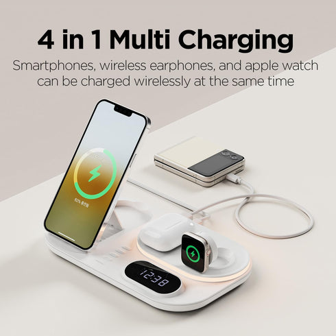 mooas All-Rounder 4 in 1 Fast Wireless Charging Nightlight Clock, Compatible with iPhone 15 14, Galaxy S24 S23