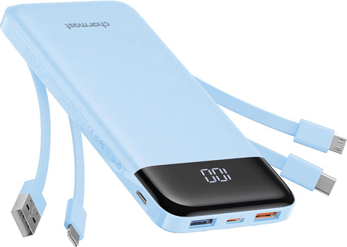 Portable Charger with Built-in Cables, 10000mAh Slim Travel Battery Pack, 6 Outputs, 3 Inputs, 3A Fast Charging for