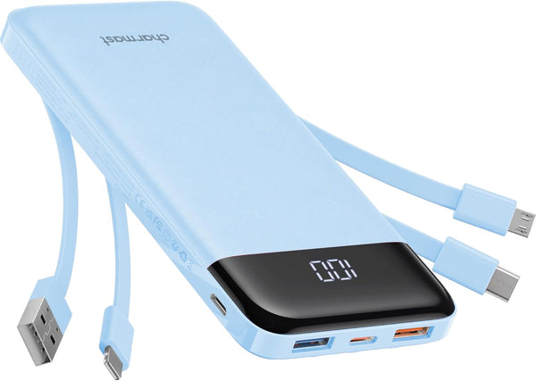 Portable Charger with Built-in Cables, 10000mAh Slim Travel Battery Pack, 6 Outputs, 3 Inputs, 3A Fast Charging for