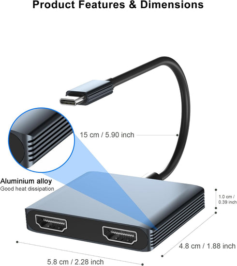Dual Monitor Adapter, USB C to Dual HDMI Adapter for Laptop, HDMI Splitter Extended Display to Connect Two Monitors