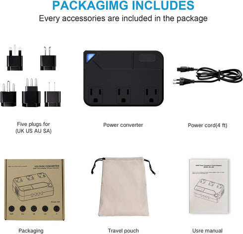 Universal 100V-220V Travel Converter, 250W Voltage Converter with 4 USB Charging Ports and 3 AC Plugs for Curlers