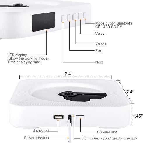 Qoosea MP3 Portable CD Player with Bluetooth, Wall Mountable CD Players Music Player Home Audio Boombox with Remote