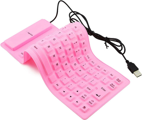 Super Space Foldable Silicone Keyboard, Pink, USB Waterproof Travel Gaming Wired Keyboard, 4.14ft Cable, Full Size for