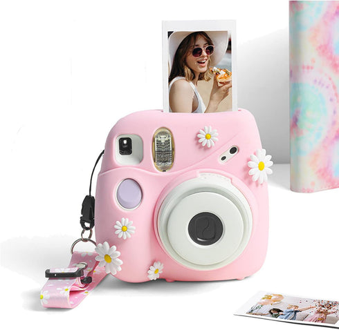 Silicone Case Lens Cap Set for Fujifilm Instax Mini 7+ 7 Plus Instant Camera, Protective Carrying Case Cover