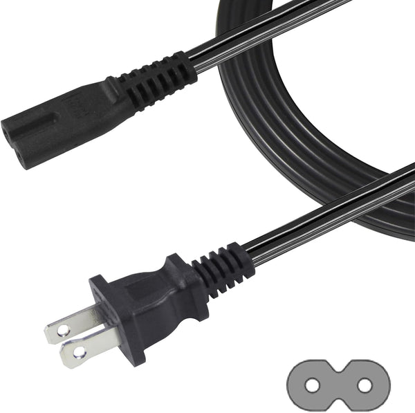 TV Power Cord 10FT, 2 Prong Non-Polarized Plug NEMA 1-15P to C7 Figure 8 Replacement Supply Cord, Black-18AWG