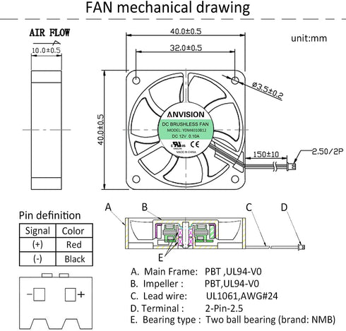 ANVISION 40mm x 10mm DC 12V Brushless Cooling Fan with Dual Ball Bearing, 2 Pin
