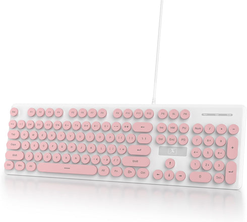iRoboosta 104 Quiet Keyboard Wired Membrane Keyboard Pink, Full Size Keys Typewriter Key Board with Number Pad, White