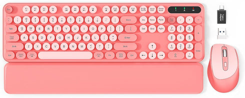 Wireless Keyboard and Mouse Combo, Cute Typewriter Keyboard with Detachable Wrist Rest, Retro Round Keycaps
