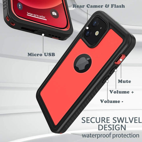 Waterproof Case for iPhone 12, Shockproof Dustproof IP68 Full-Body Hard Case with Built-in Screen Protector, Red