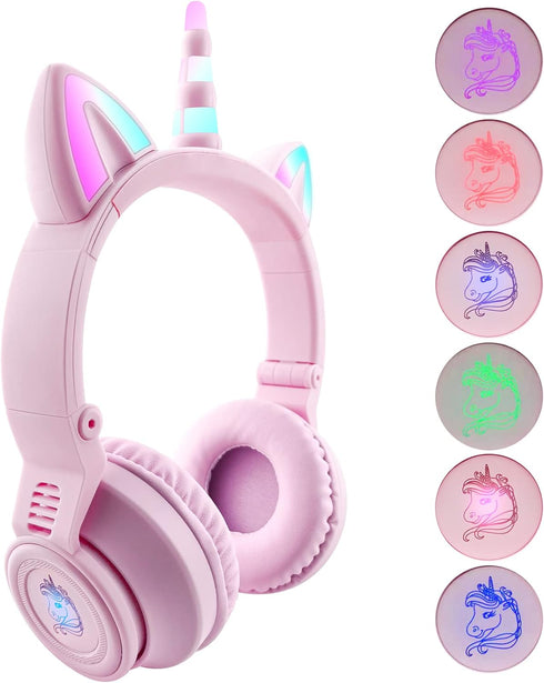 Unicorn Kids Headphones, Foldable Bluetooth Headphones for Girls Boys Toddlers, Light Up Wireless Headphone Birthday