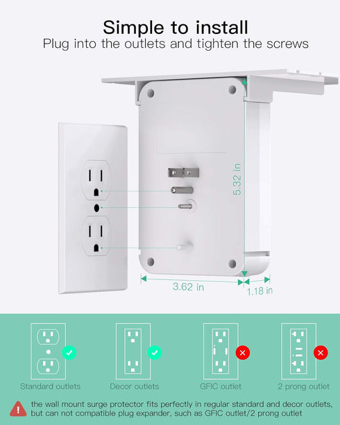 Wall Outlet Extender with Surge Protector, 6 AC Outlets, Shelf, 2 USB & USB C Charging Ports